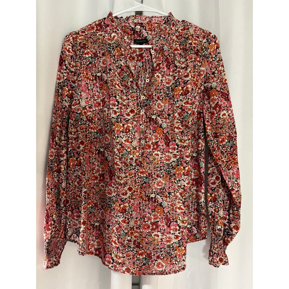 Talbots Floral Ruffle Neck Blouse Pink Orange Size M Long‎ Sleeve WC0032